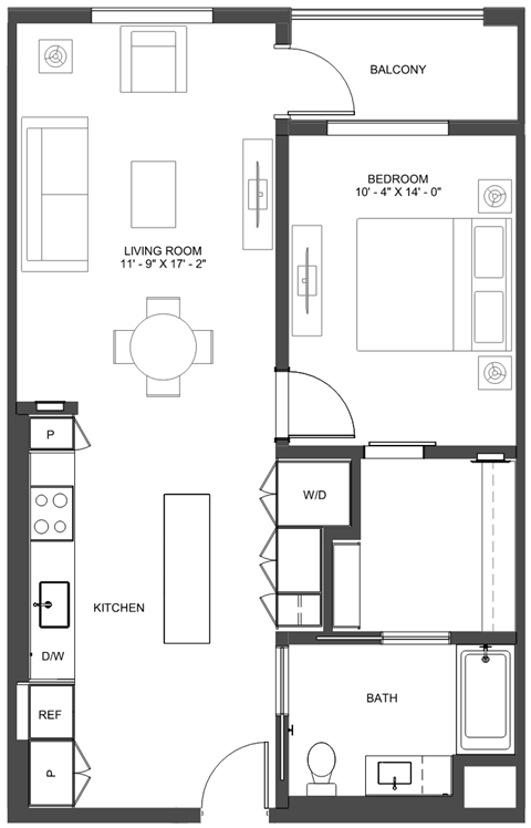 Floor plan for 1 bed, 1 bath, 807 sqft